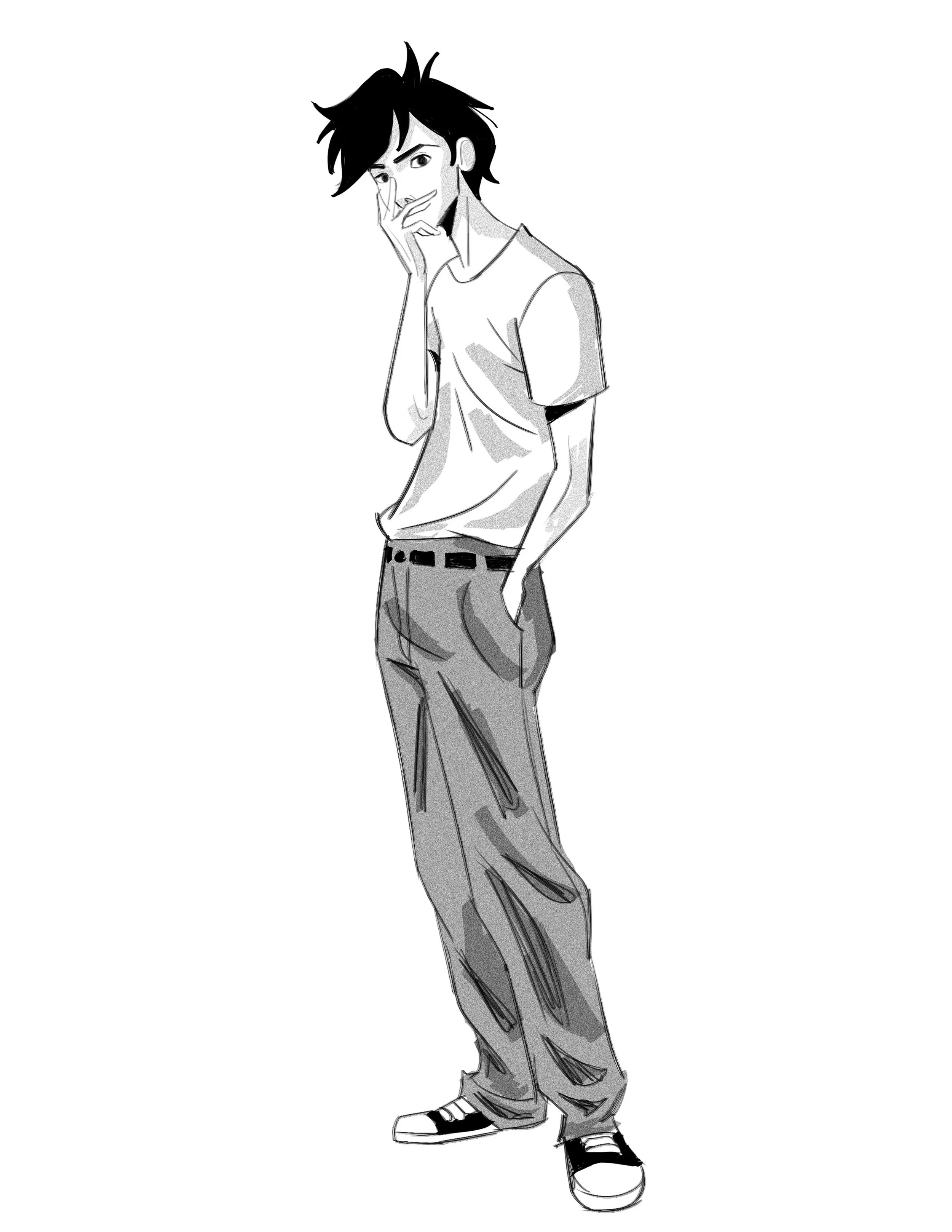 Black and white line drawing of a young man with messy hair, wearing a T-shirt, loose pants, and sneakers, posing with one hand touching his face.