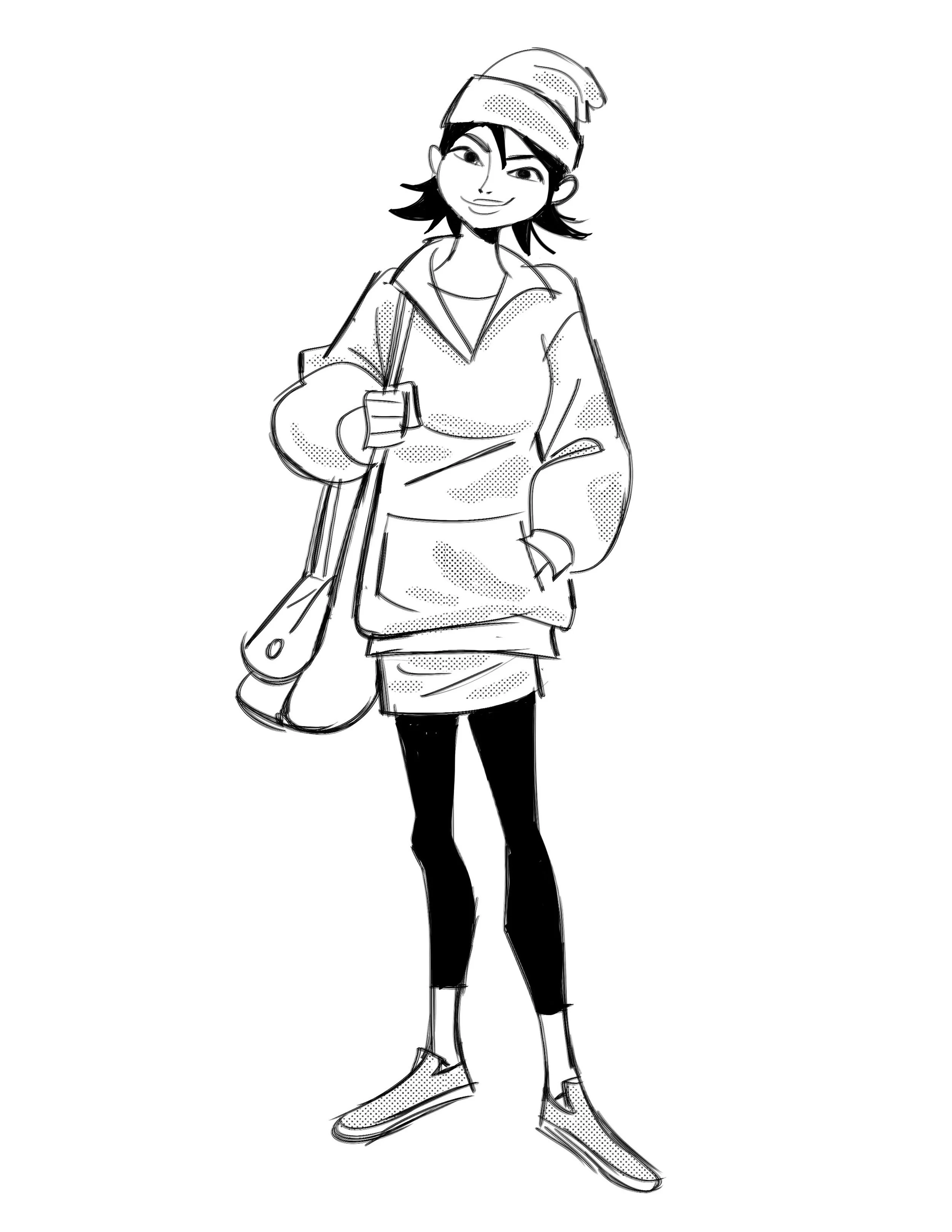 Line drawing of a young woman with a beanie hat, a hoodie, and sneakers, carrying a tote bag.