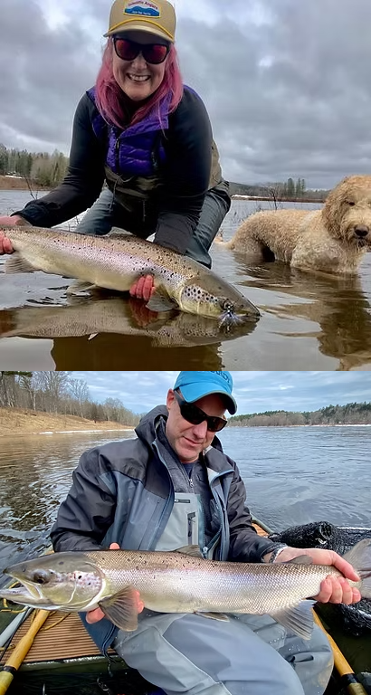 Two people fishing, each holding a large fish, with a dog in the water nearby, on a cloudy day by the river.