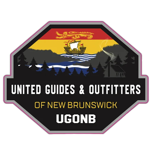 Logo for United Guides & Outfitters of New Brunswick, UGONB, featuring a landscape with mountains, trees, a river, and a sailing ship, with a red, yellow, and black color scheme.