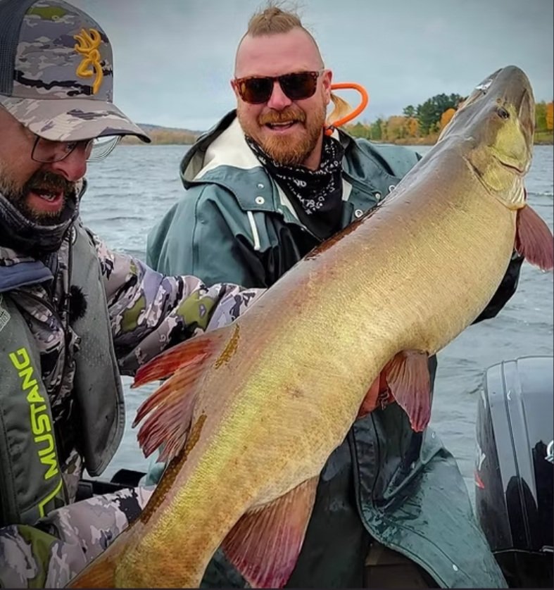 Two men on a boat holding a large fish, smiling at the camera. One man is wearing a camouflage hat and glasses, and the other is wearing sunglasses and a jacket. The large fish appears to be a walleye.