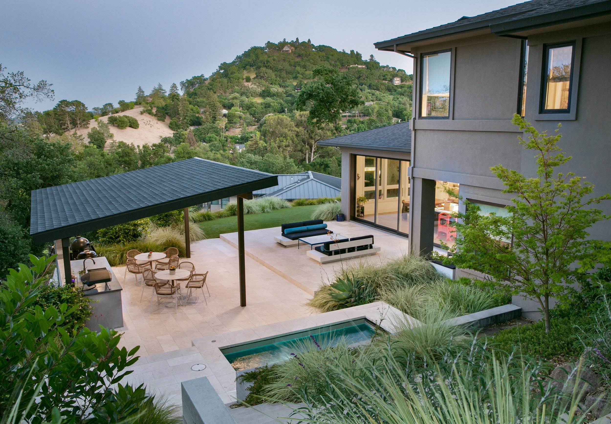 Views of the Lafayette Hills make the most outstanding backdrop. One of our favorite things to thread - connecting the land, the levels and the living. An epic BBQ set up, plunge pool, shade, lawn and the hillside all woven into one seamless outdoor 