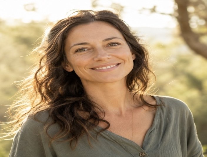 Woman smiling with quiet joy outdoors in natural light representing the renewed energy and emotional freedom felt after an individual distance healing session with Reiki Heaven