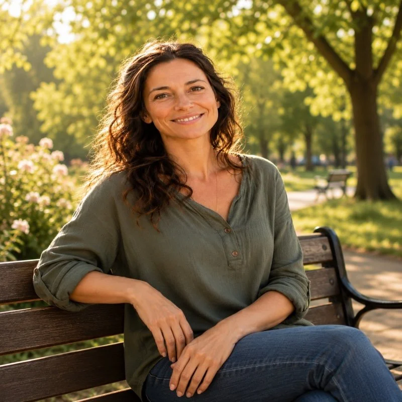 Happy woman in the park after individual session at reiki heaven