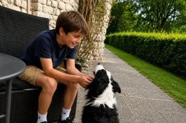 Young boy gently interacting with a black and white dog outdoors