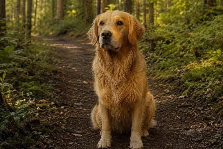 Golden retriever standing quietly in a forest path surrounded by soft natural light