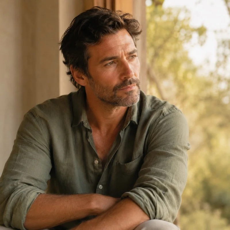 Man looking thoughtfully out of a window representing the quiet exhaustion of unresolved stress and emotional weight that distance energy healing with Reiki Heaven can address