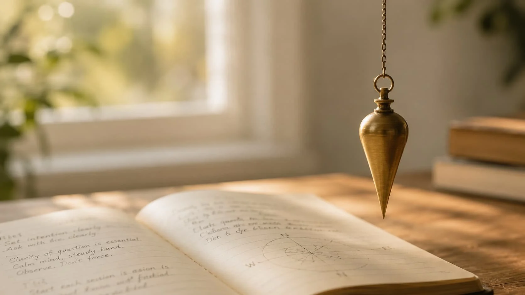 Brass pendulum suspended in soft natural light, used in the Energy Assessment at Reiki Heaven.