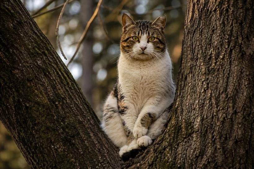 Calm tabby cat sitting quietly between tree branches in soft natural light”