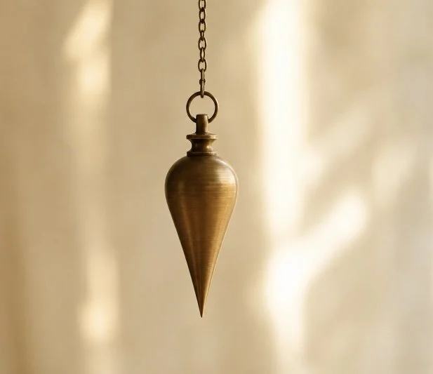 Brass pendulum suspended in soft natural light representing precision energy diagnostics and root cause assessment at Reiki Heaven