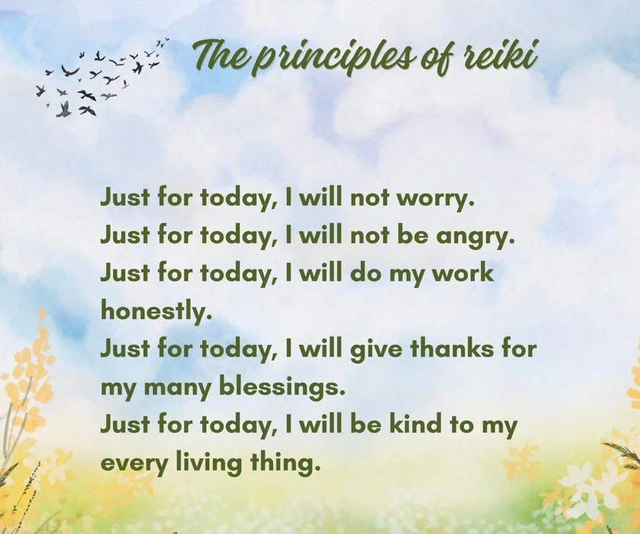 The Five Reiki Principles in English, encouraging gratitude, honesty, kindness, freedom from worry and anger, and mindful living one day at a time.