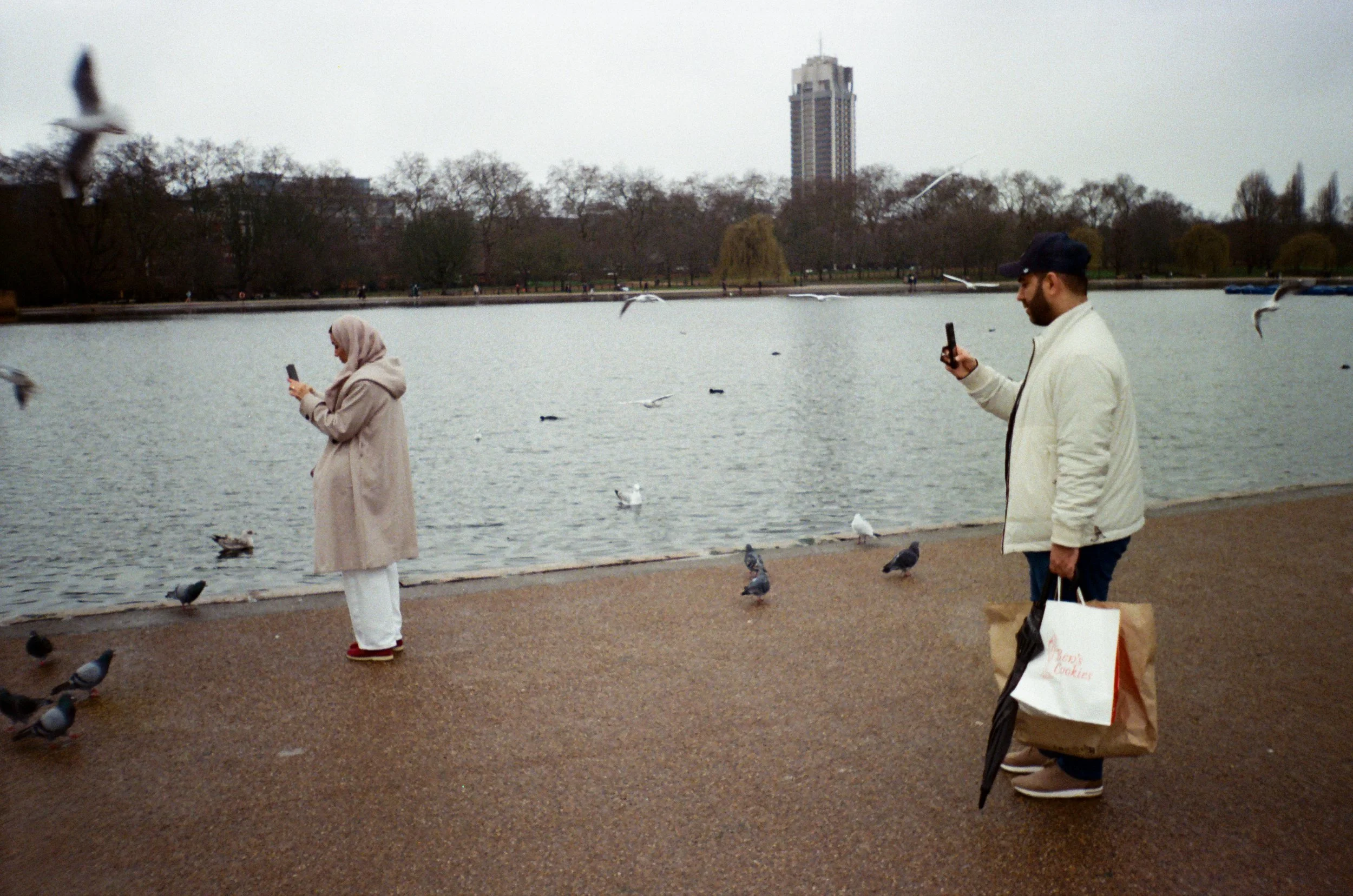 A woman standing by a lake, looking at her phone. A man in a white jacket, holding a shopping bag, taking a photo or video with his phone. Seagulls and pigeons are near the water, with some flying in the air. In the background, trees and a tall build