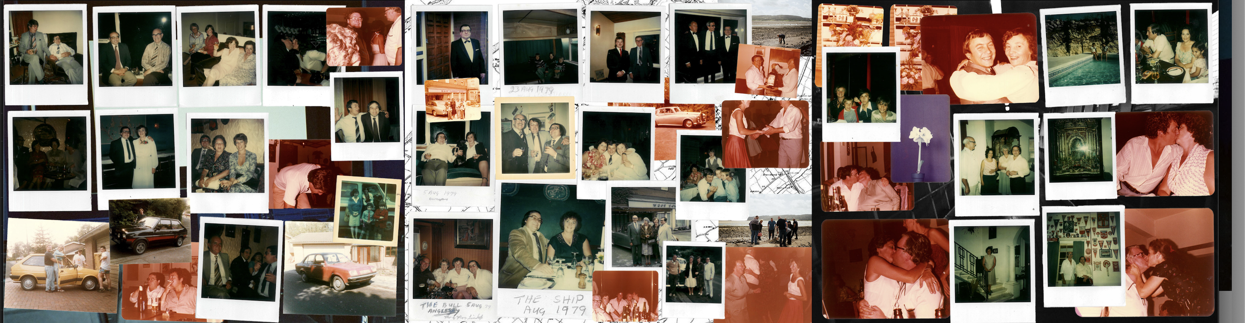 A collage of vintage photographs from the 1970s showing people at social gatherings, parties, and outdoor events, including group portraits, candid moments, and cars.