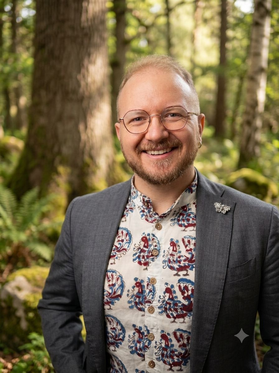 A smiling man with glasses, a beard, and short hair wearing a gray blazer and a patterned shirt, standing outdoors in a green forest with trees and ferns in the background.