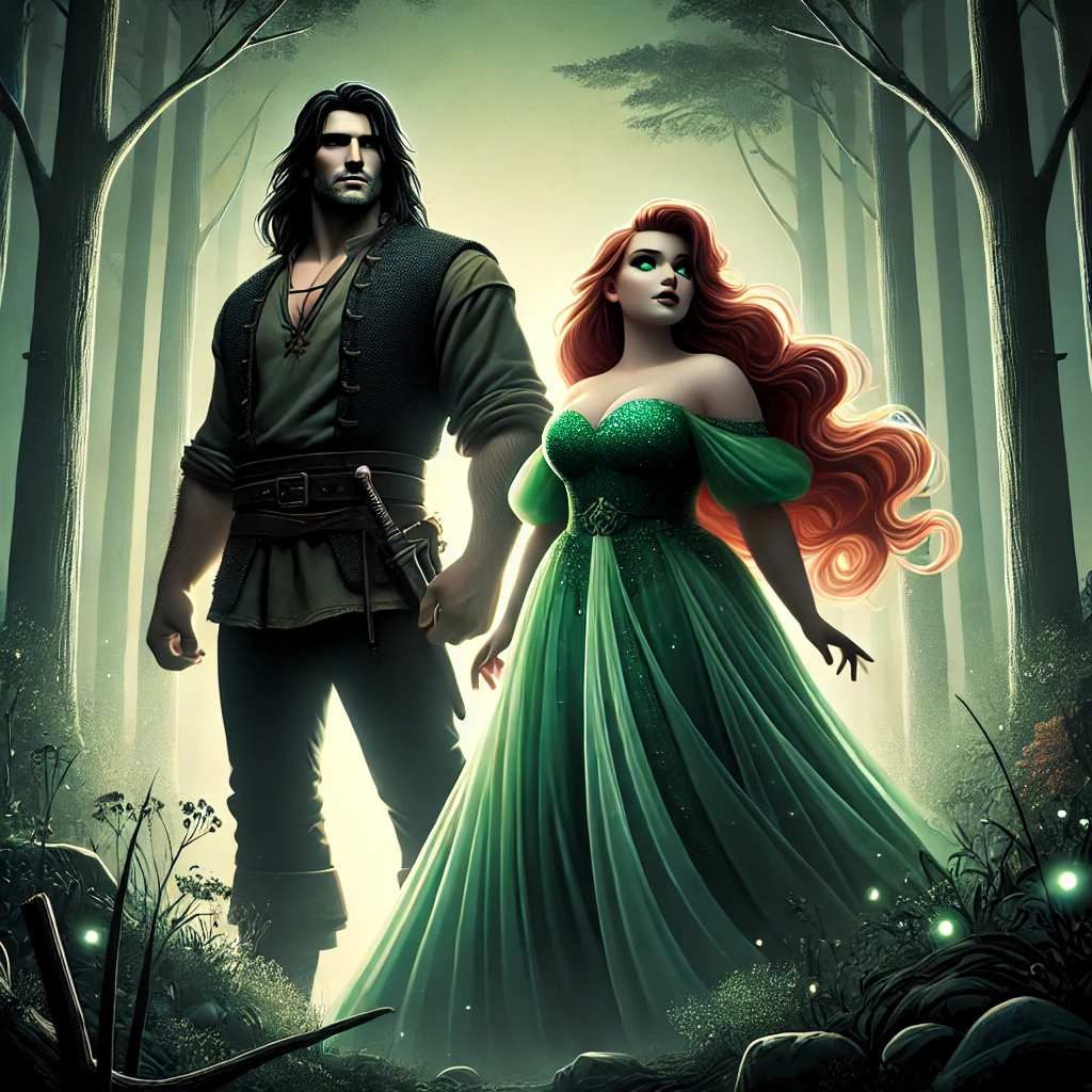 A stylized fantasy artwork of two figures standing side by side in a mystical forest. The male figure is rugged with long dark hair, the female is plus sized with long red hair wearing a flowing green enchanted gown.