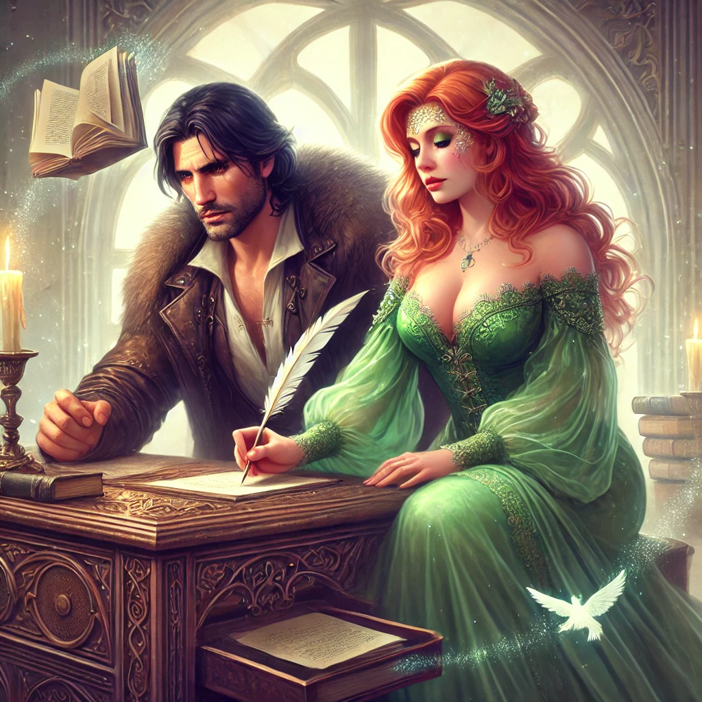 Fantasy artwork of a rugged man and a plus-sized woman with blondish-red hair, sitting at a table, writing with quills in a mystical setting.