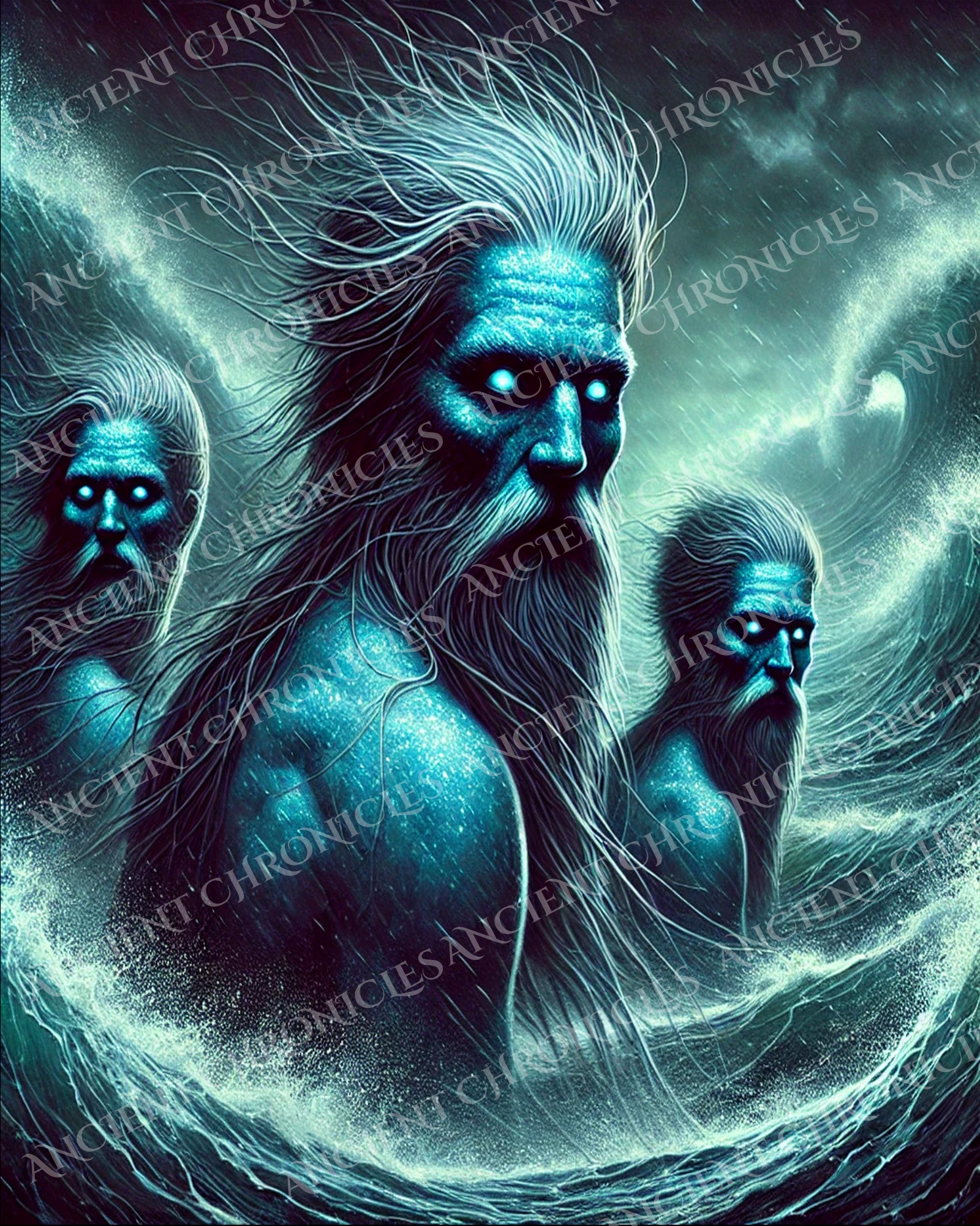 Scottish folklore wall art featuring the Blue Men of the Minch, mythical sea creatures emerging from stormy waves – Celtic mythology print.