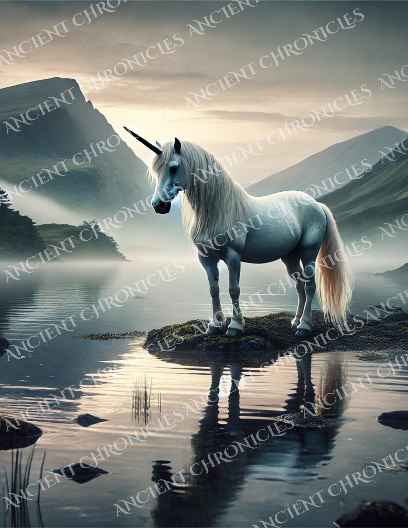 Unicorn at the Loch Wall Art – Mystical Celtic Unicorn Print | Scottish Fantasy Digital Download