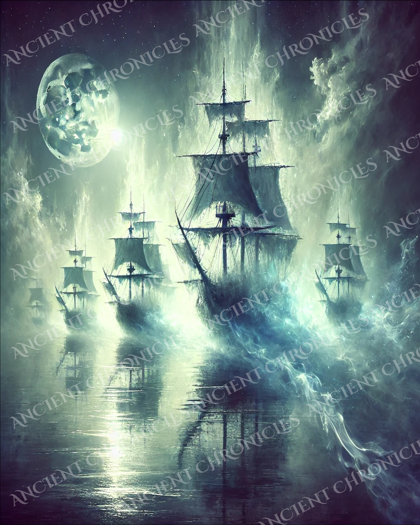 Haunted ghost ship fleet wall art featuring spectral sailing ships in eerie fog – supernatural pirate artwork for gothic nautical décor.