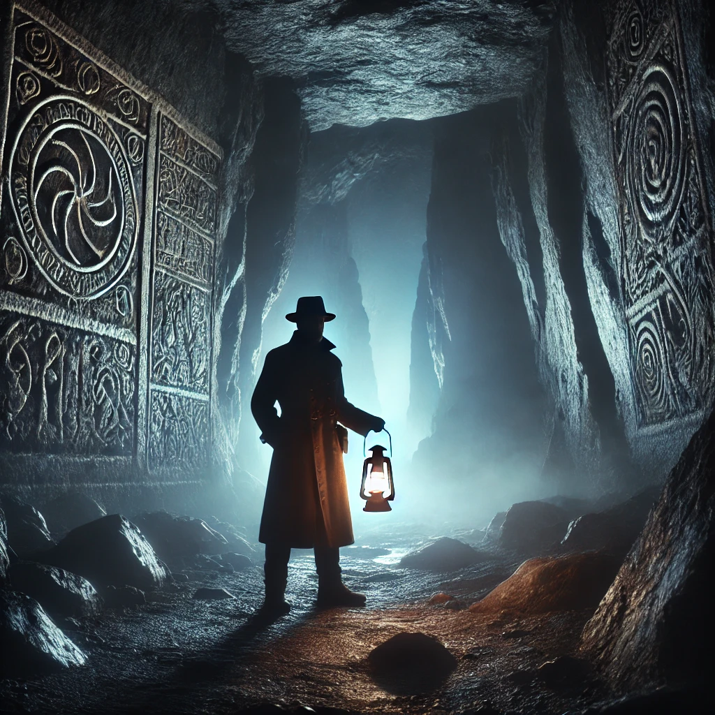 An explorer stands at the entrance to a shadowy cave with unknown carvings on the wall.