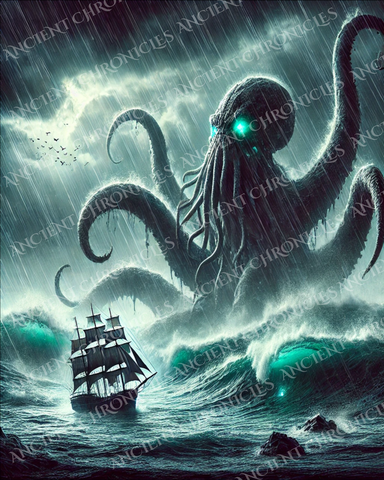 Kraken Wall Art – Scottish Sea Monster Battling Ship | Nautical Digital Download