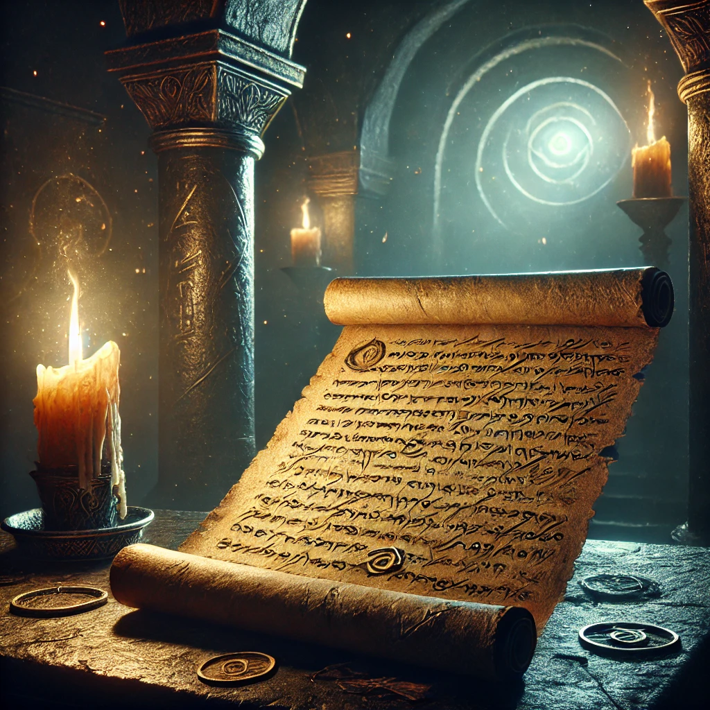 A mystical glowing scroll resting on a stone altar, surrounded by flickering torches, with an ancient door slightly agar in the background.