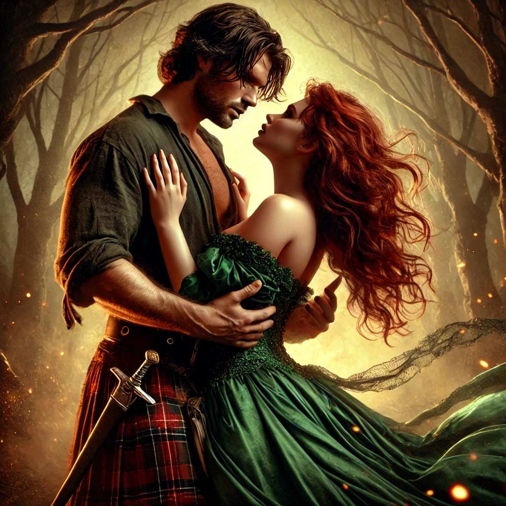 A Scottish man and women in ancient dress embrace each other in a misty forest.