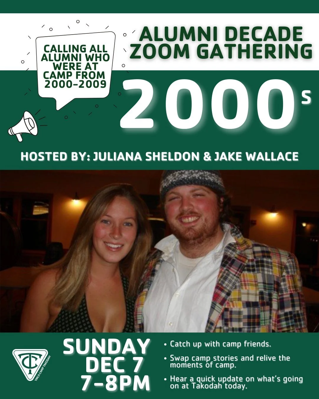 Join hosts Juliana Sheldon &amp; Jake Wallace tomorrow, Sunday, December 7th at 7pm EST for the 2000s alumni zoom gathering! 

#LINKINBIO