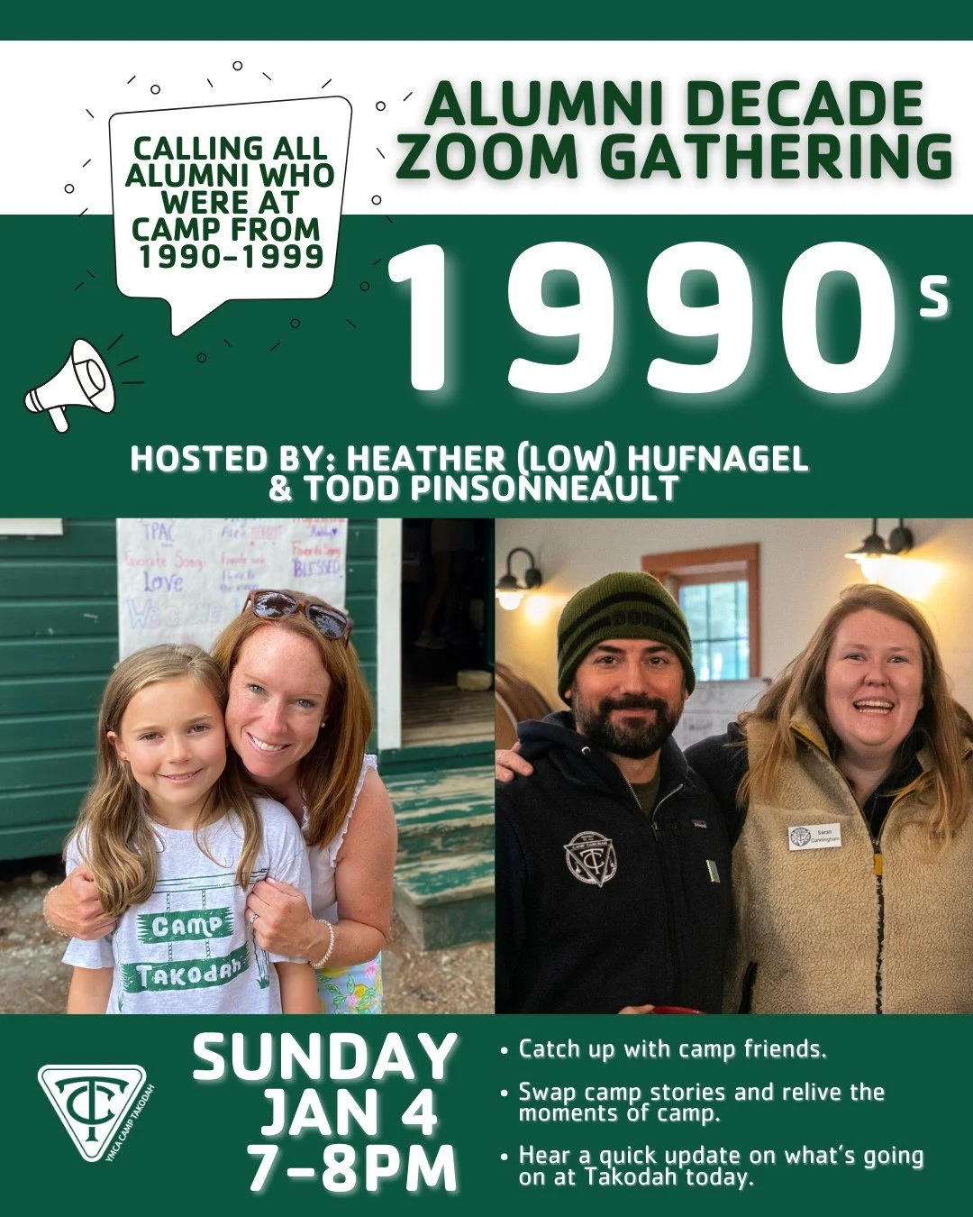 What better way to close out the weekend then connecting with old friends for an hour? Join us on Zoom tonight at 7pmEST for the 1990s Alumni Zoom Gathering hosted by none other than Heather (Low) Hufnagel and Todd Pinsonneault! 

🔗 ZOOM LINK IN BIO