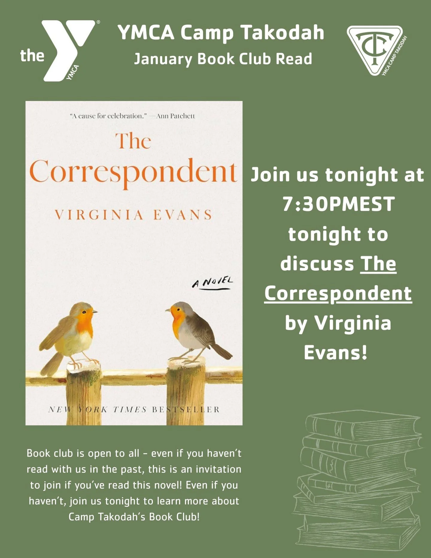 Did you know that YMCA Camp Takodah has a bookclub!? Originally started for the Reading Retreat, this group is now  OPEN TO EVERYONE. Join us tonight as we kick off the new year discussing The Correspondent and help us choose our February book! 

LIN