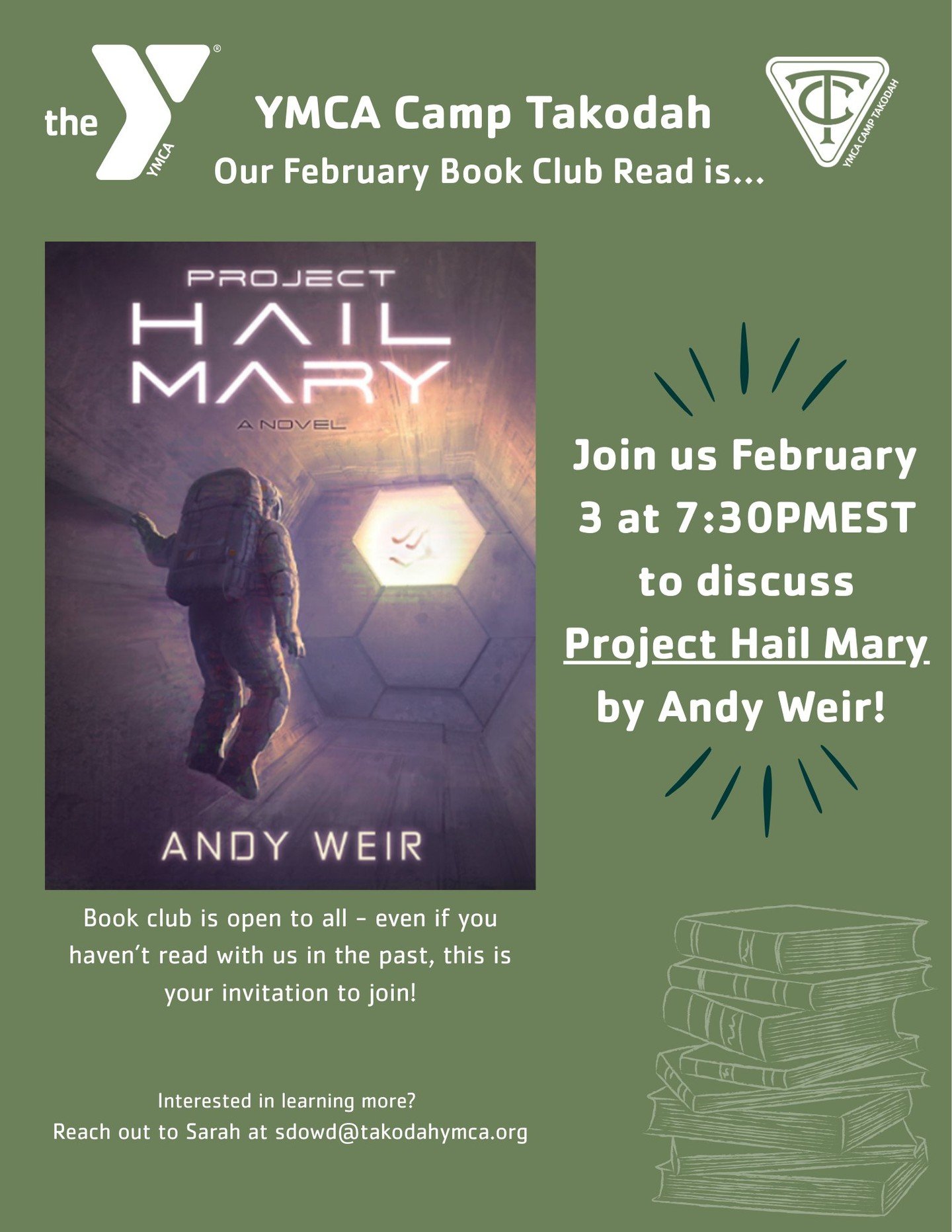 Did you know Camp Takodah has a book club? Everyone is invited! Join us virtually tomorrow at 7:30PM to discuss Project Hail Mary - reach out to Sarah at sdowd@takodahymca.org for the link!