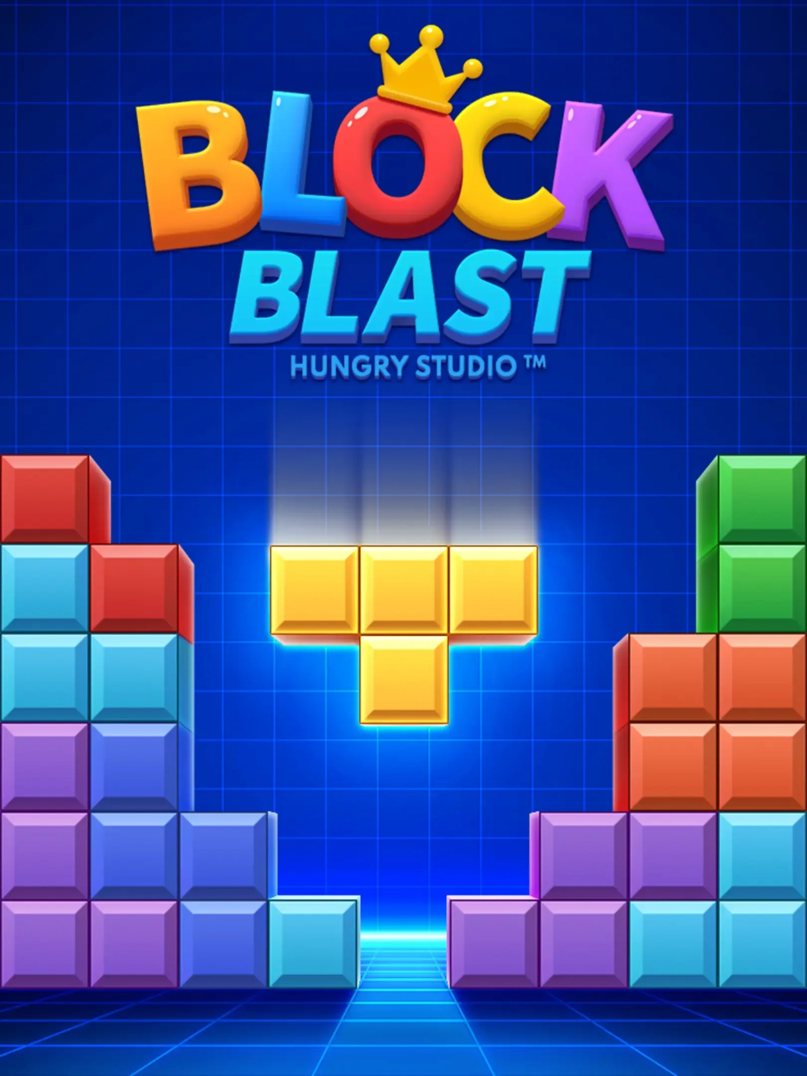 Colorful block puzzle game interface with bright letters spelling "Block Blast," featuring stacked blocks and a descending T-shaped piece.