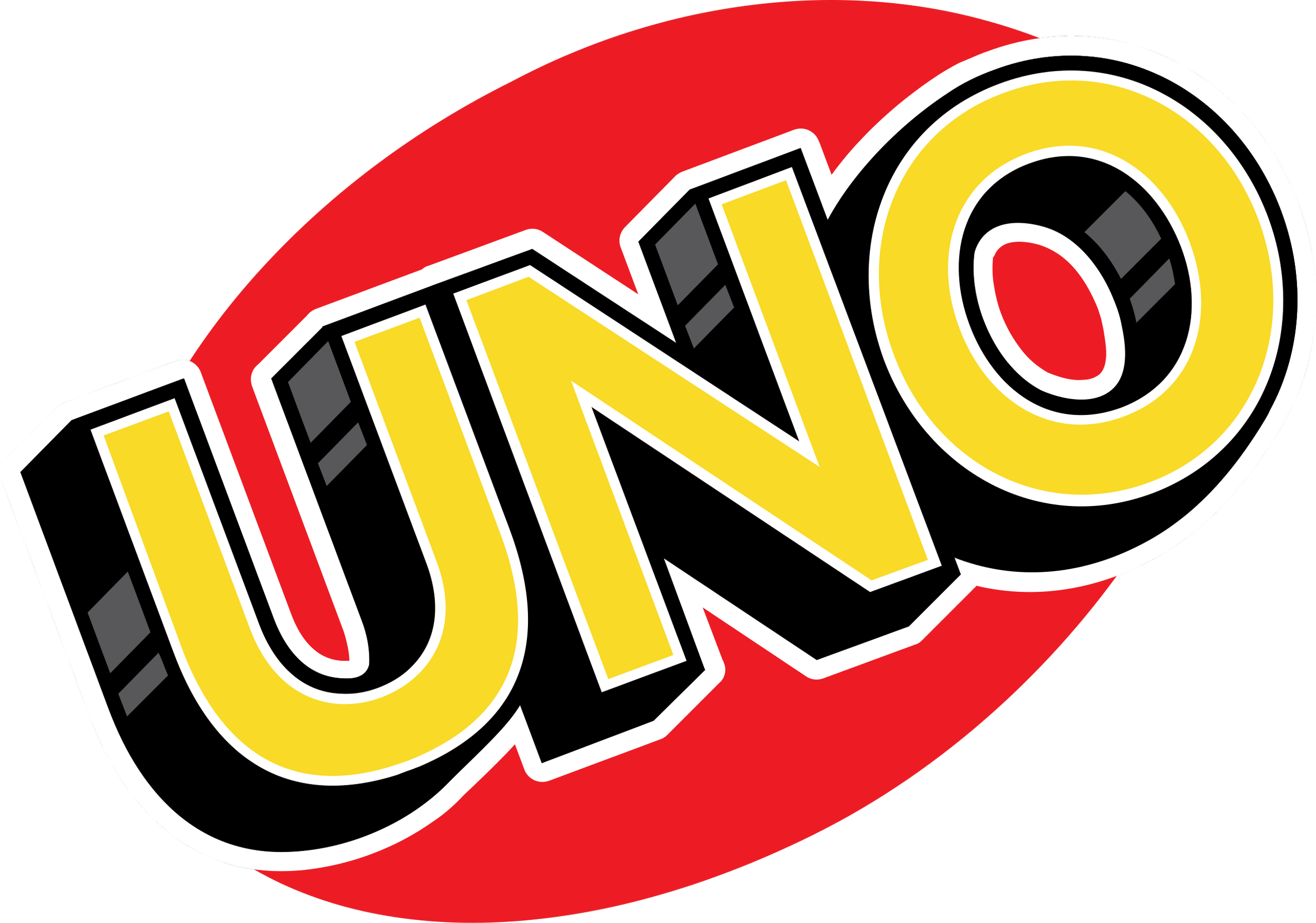 UNO card game logo with yellow letters on a red oval background.