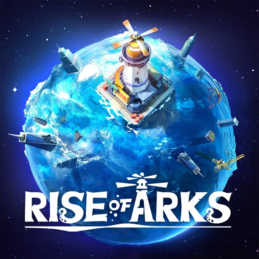 Planet with floating buildings and lighthouse, "Rise of Arks" text.