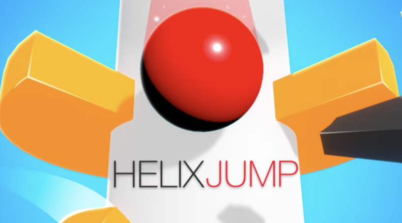 Helix Jump game title with red ball and yellow platforms on a blue background.