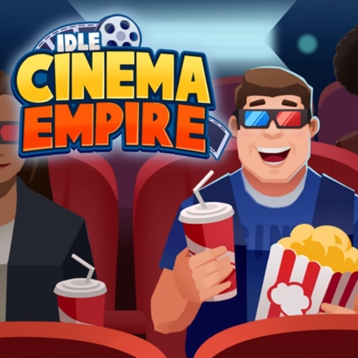 Illustration for "Idle Cinema Empire" game showing a person in 3D glasses with popcorn and a drink in a movie theater.