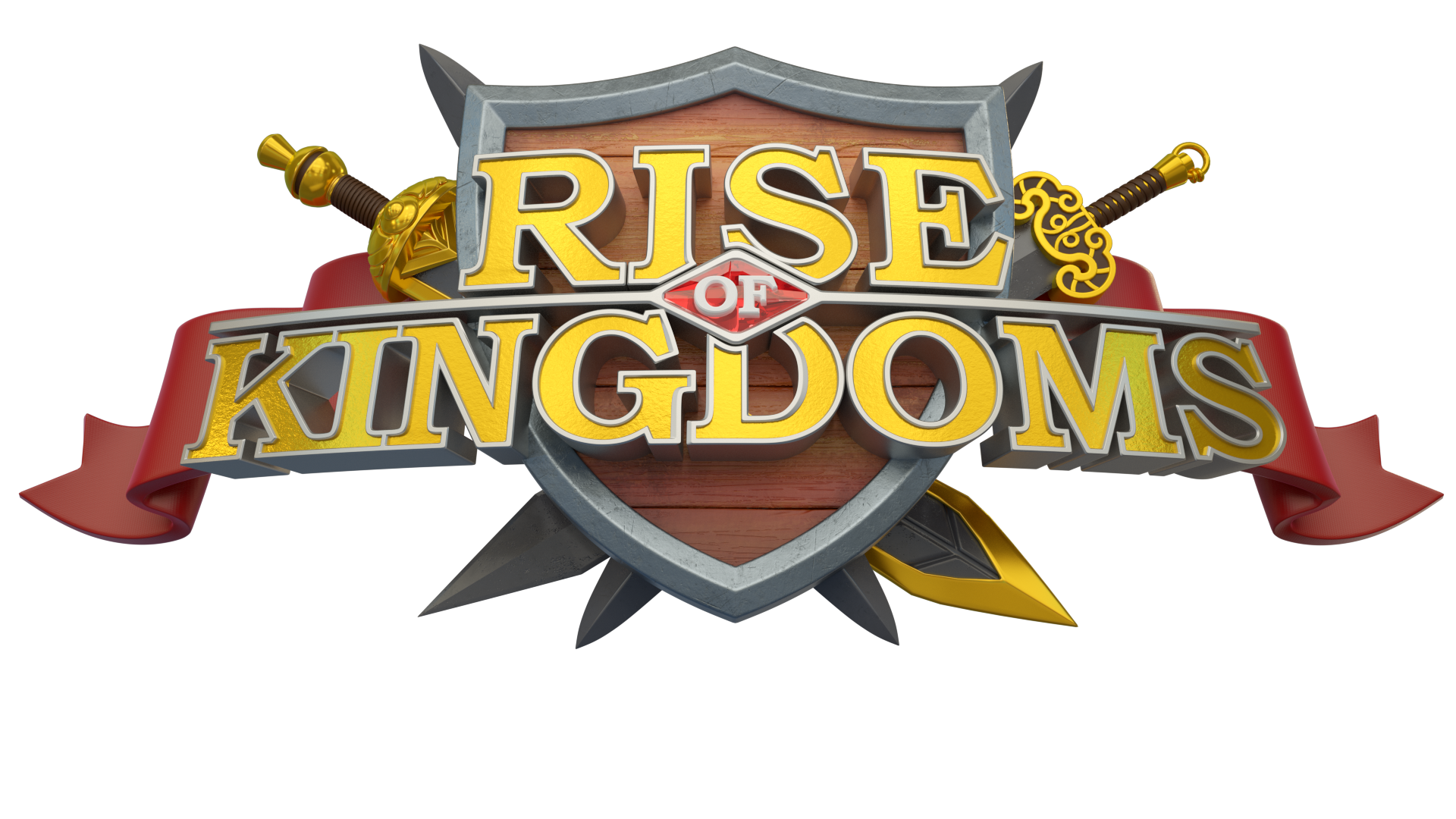 "Rise of Kingdoms" logo with shield, swords, and red ribbon.
