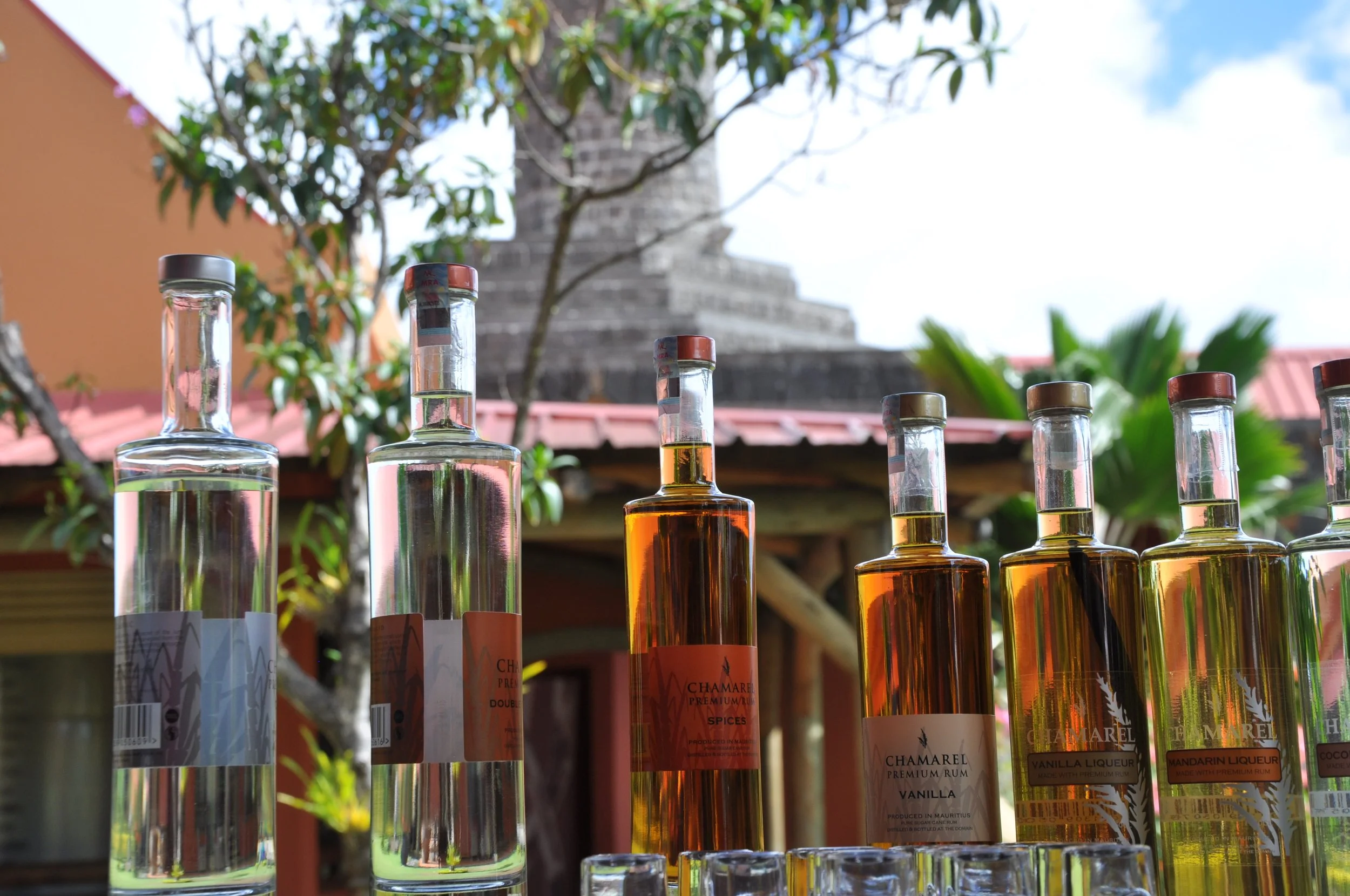 Several bottles of flavored rum, including vanilla, mandarin liqueur, and spices, arranged outdoors with trees and a building in the background.