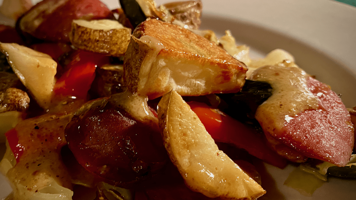 Day one: sheet pan kielbasa with mustard vinaigrette ➜ day two: frittata