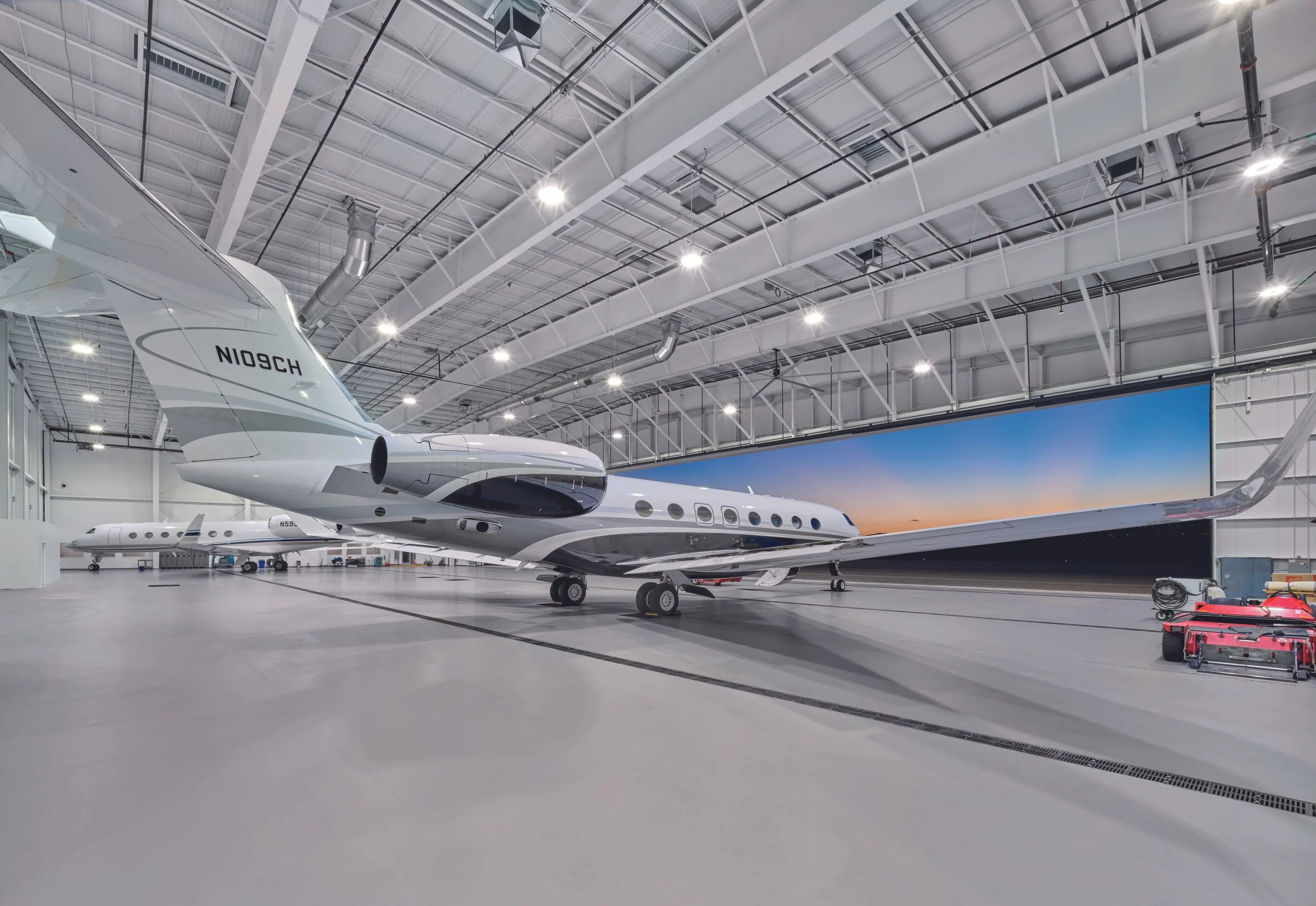 An interior view of an aircraft hangar