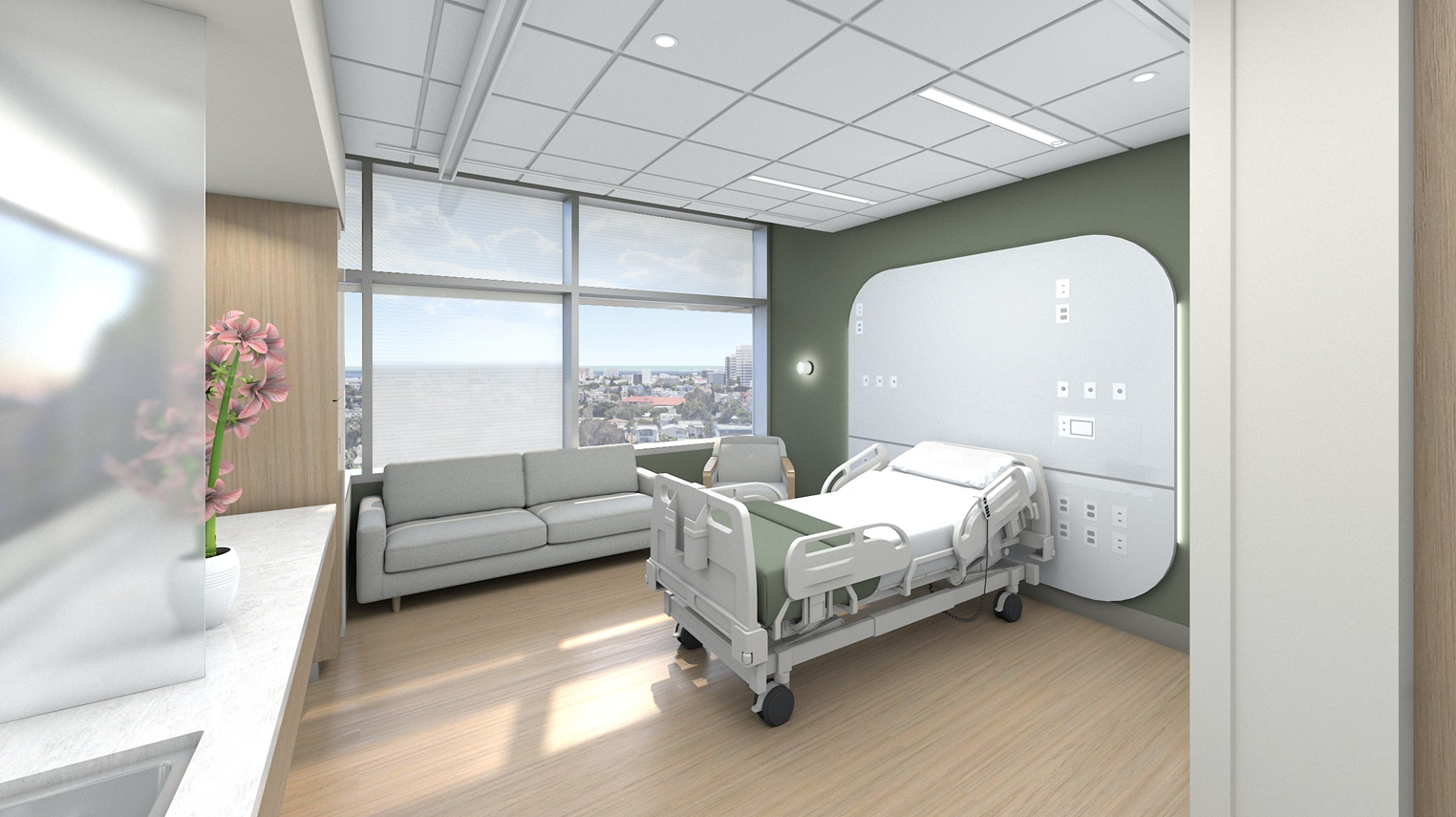 A rendering of a patient room features a bed, sink, couch and chair and a flower and painting. Exterior windows show views of a city.