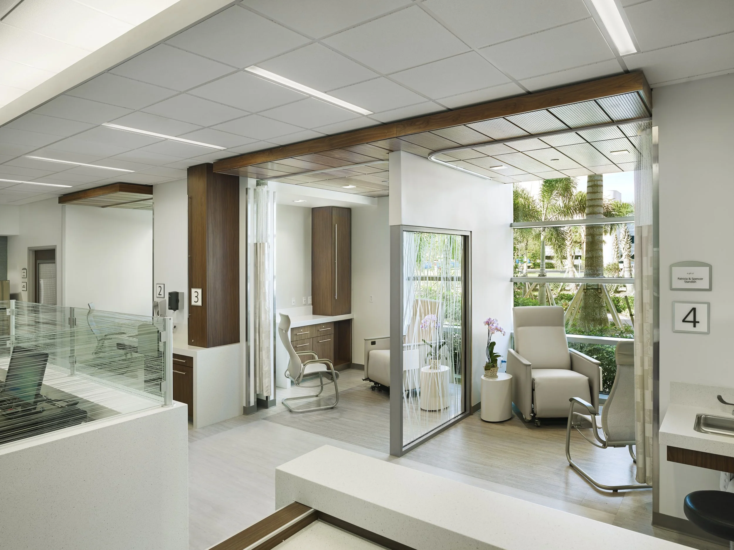 Two patient seating areas sectioned off with decorative glass, featuring a chair with a flower on a table. Floor-to-ceiling windows show palm trees.