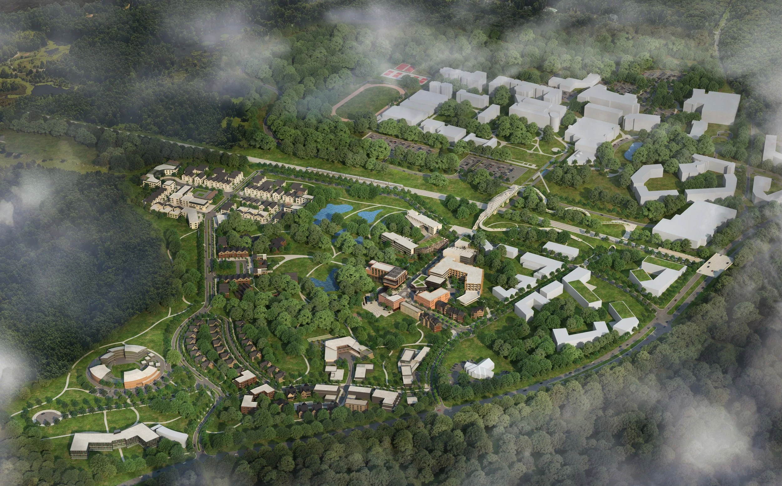 Aerial master plan of a wooded development
