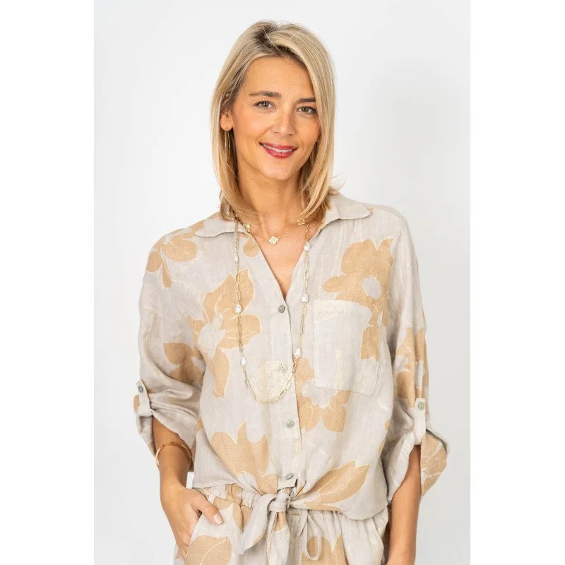 Linen Gold Flower Print Front -Tie Top