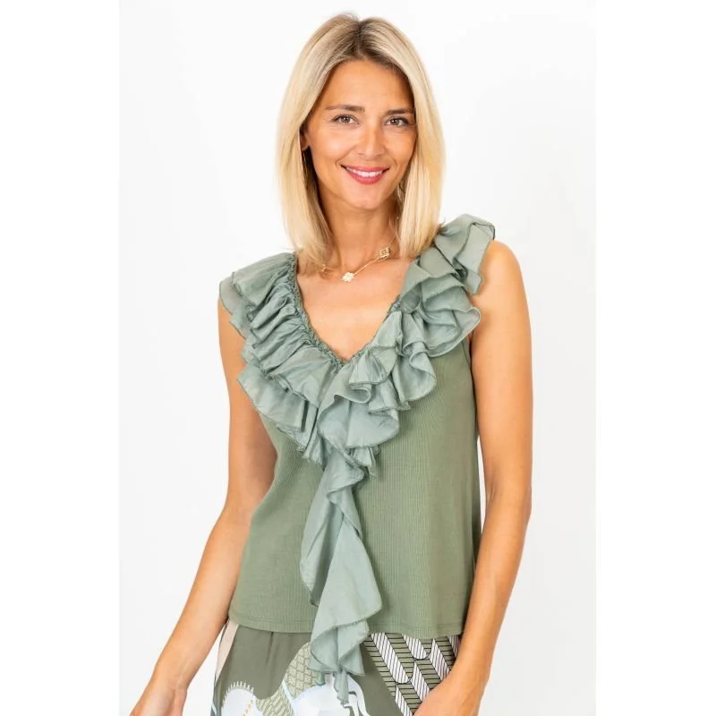 Sleeveless Shirt Ruffle Neckline