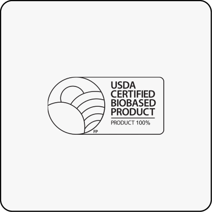USDA Certified Biobased Product logo with 100% written inside a rectangular frame, featuring a simple graphic design of a sun over fields.
