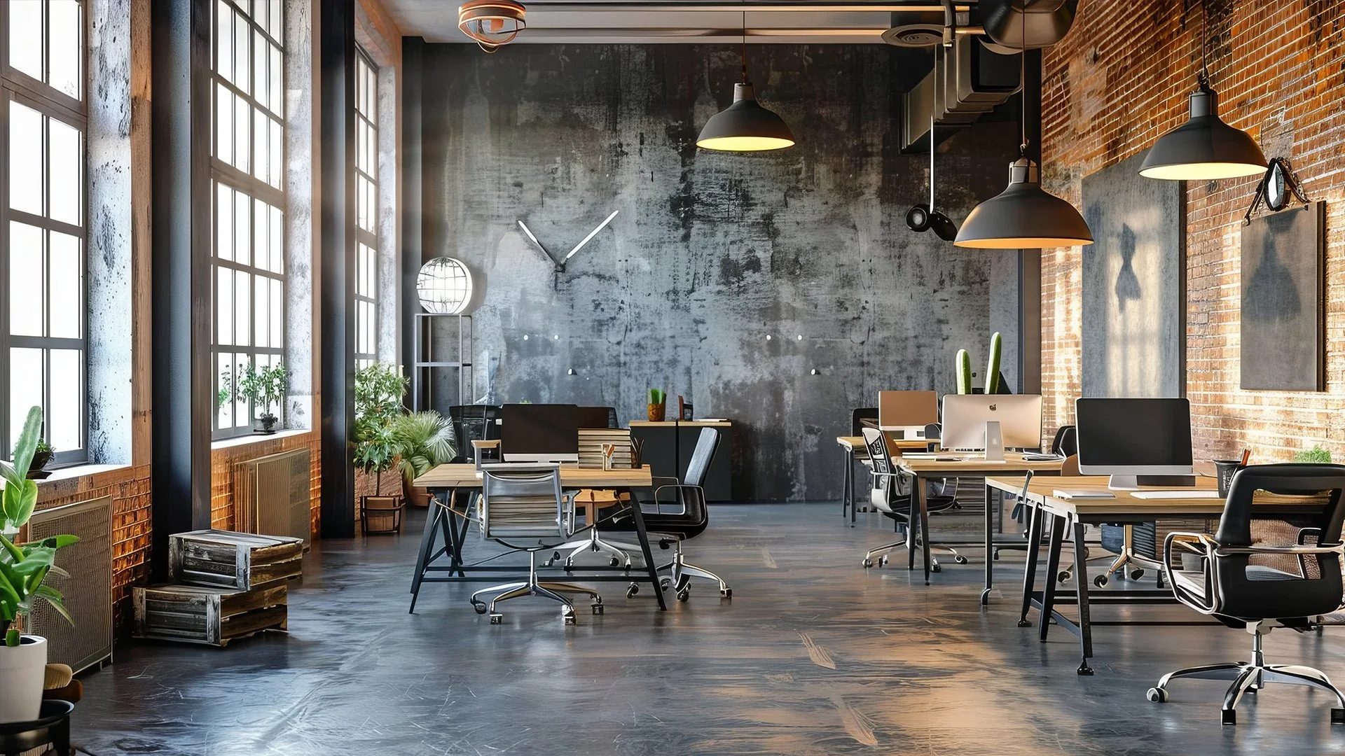 Modern office with black furniture and desks