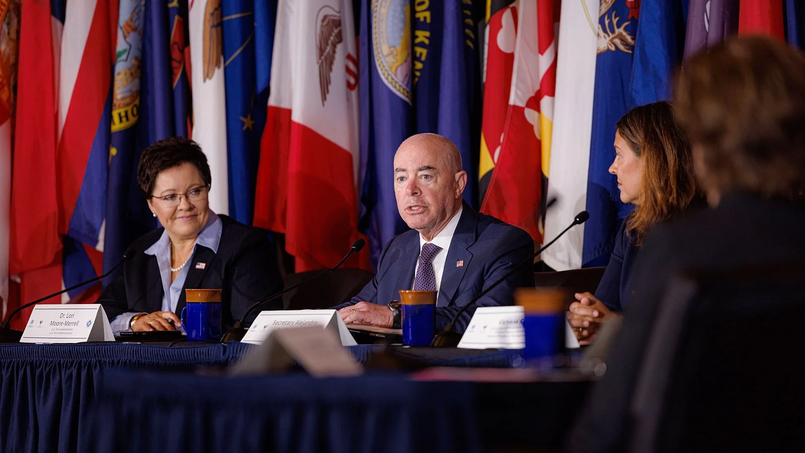 United States Secretary of Homeland Security Alejandro Mayorkas speaking at the National Emergency Training Center