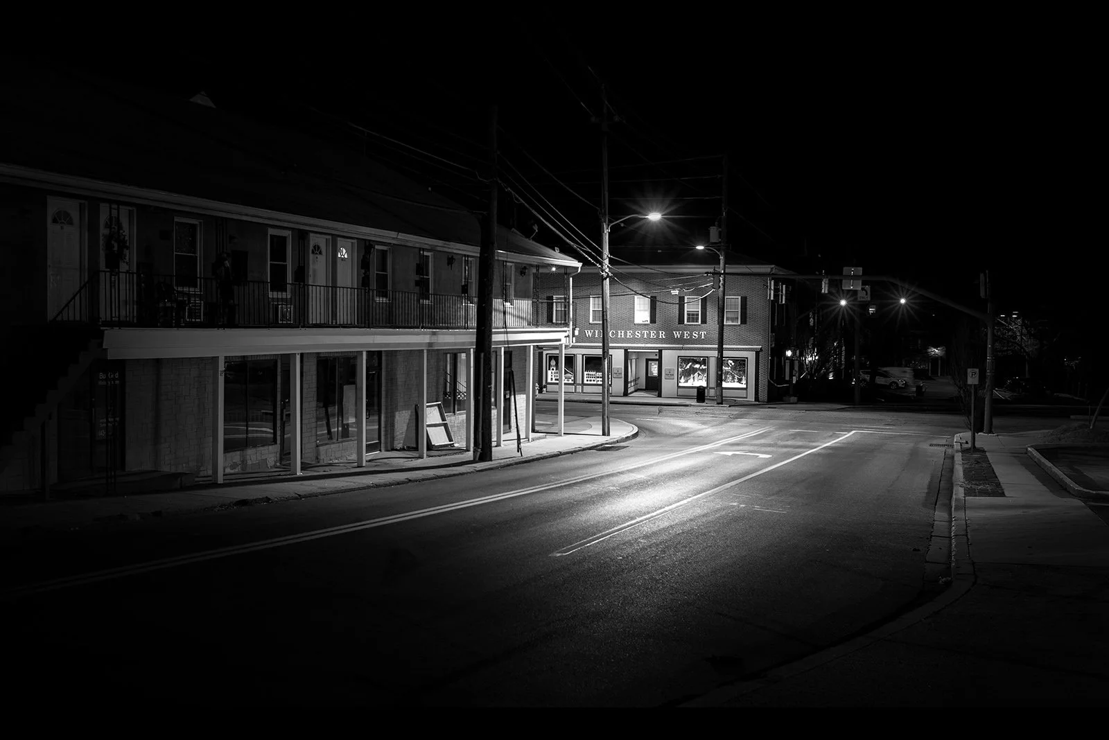 black and white long exposure of Bond & Main Streets in Westminster, Maryland