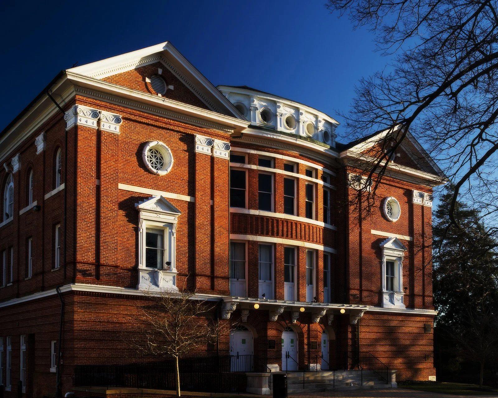beautiful sunlight hitting a campus building at McDaniel College in Westminster, MD